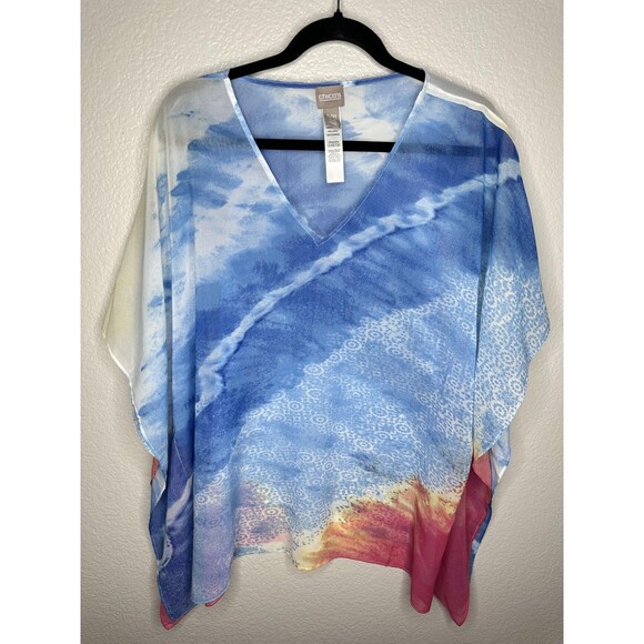 Chicos Poncho Top Womens Small Medium Blue Pink Sheer Chiffon V Neck Boho Flowy - Picture 1 of 5